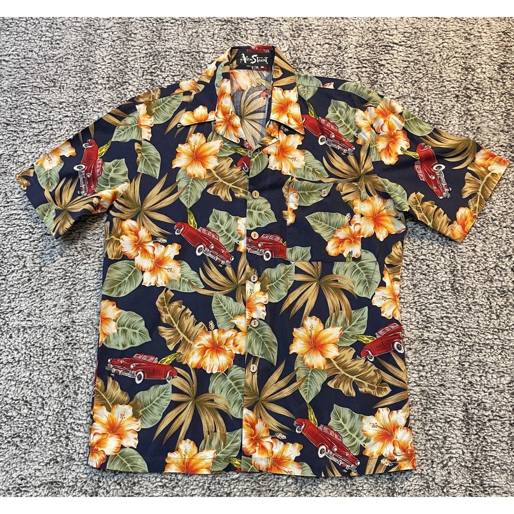 Alan Stuart Mens M Navy‎ Blue Tropical Floral Classic Car Button Down Shirt